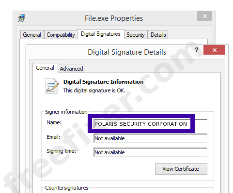 Screenshot of the POLARIS SECURITY CORPORATION certificate